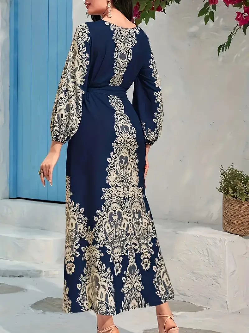 Zoe - Elegantes langes Kleid mit Ethnomuster und Puffärmel