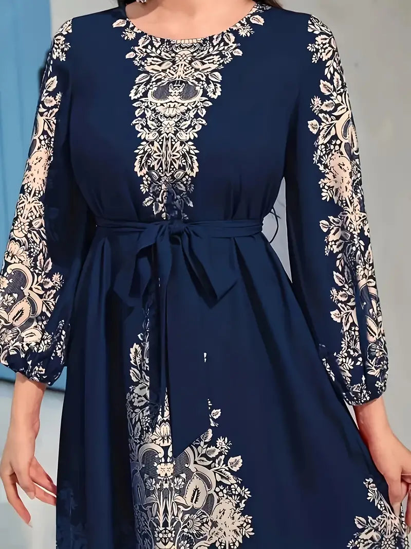 Zoe - Elegantes langes Kleid mit Ethnomuster und Puffärmel