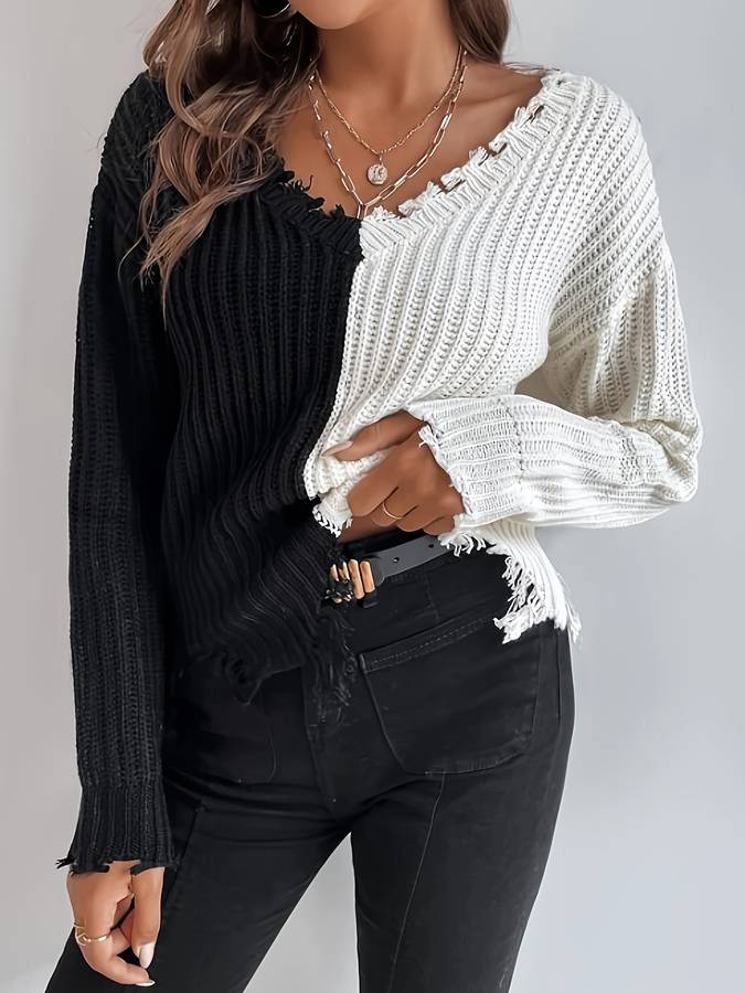 Zweifarbiger Strickpulli mit Cropped-Look